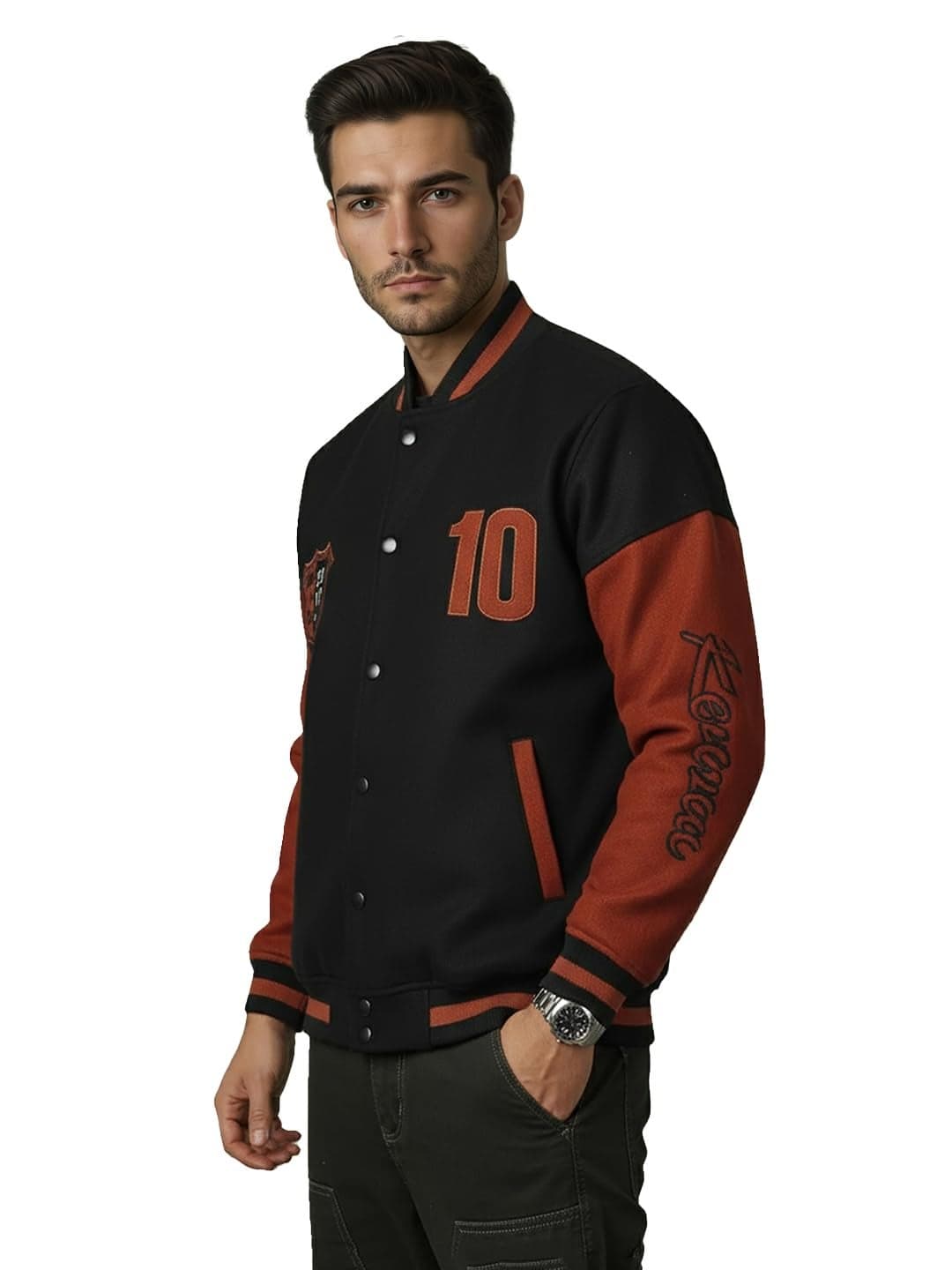 CHKOKKO Men’s Oversized Varsity Jacket with Snap Button Closure and Patch Design Trendy Comfortable Outerwear for College Travel and Casual Wear BlackRust 3XL