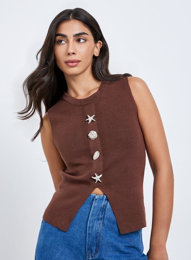 Styli Brown Knit Sleeveless Vest with Metal Accent