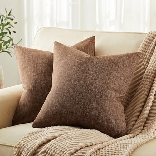 ZeeMart Rustic Cotton Linen Throw Pillow Covers Set of 2, 18x18 Inch Brown, Farmhouse Style Decorative Couch Pillow Cases Cushion Covers for Sofa Bed Living Room Home Decor