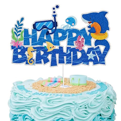 Ocean Happy Birthday Cake Topper Decoration Blue Glitter Sea Fish Shark Octopus Seaweed Cake Decorations Ocean Nautical Theme Birthday Party Supplies for Kids Birthday