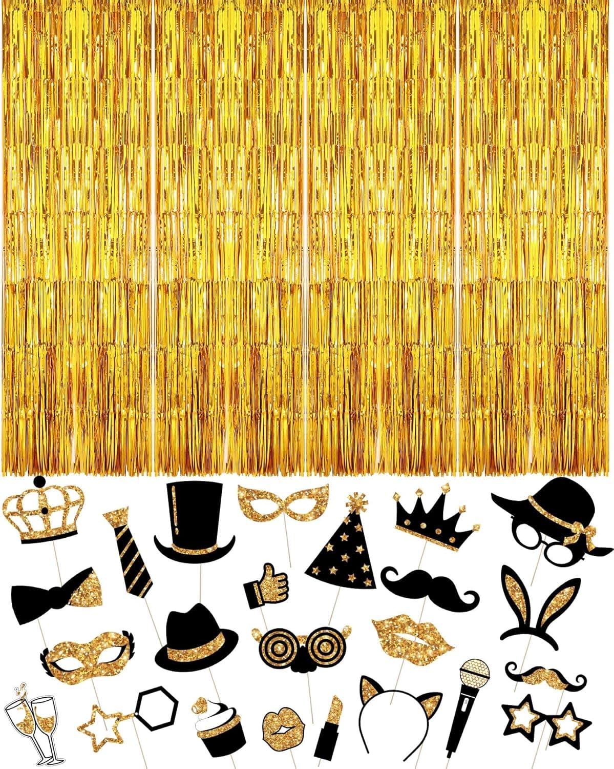 Queekay 28 Pcs Photo Booth Props for Birthday Wedding Party Decorations Mix of 24 Photo Props 4 Pcs 328 x 656 ft Foil Fringe Curtains Party Supplies for Prom Birthday Wedding Graduation Gold