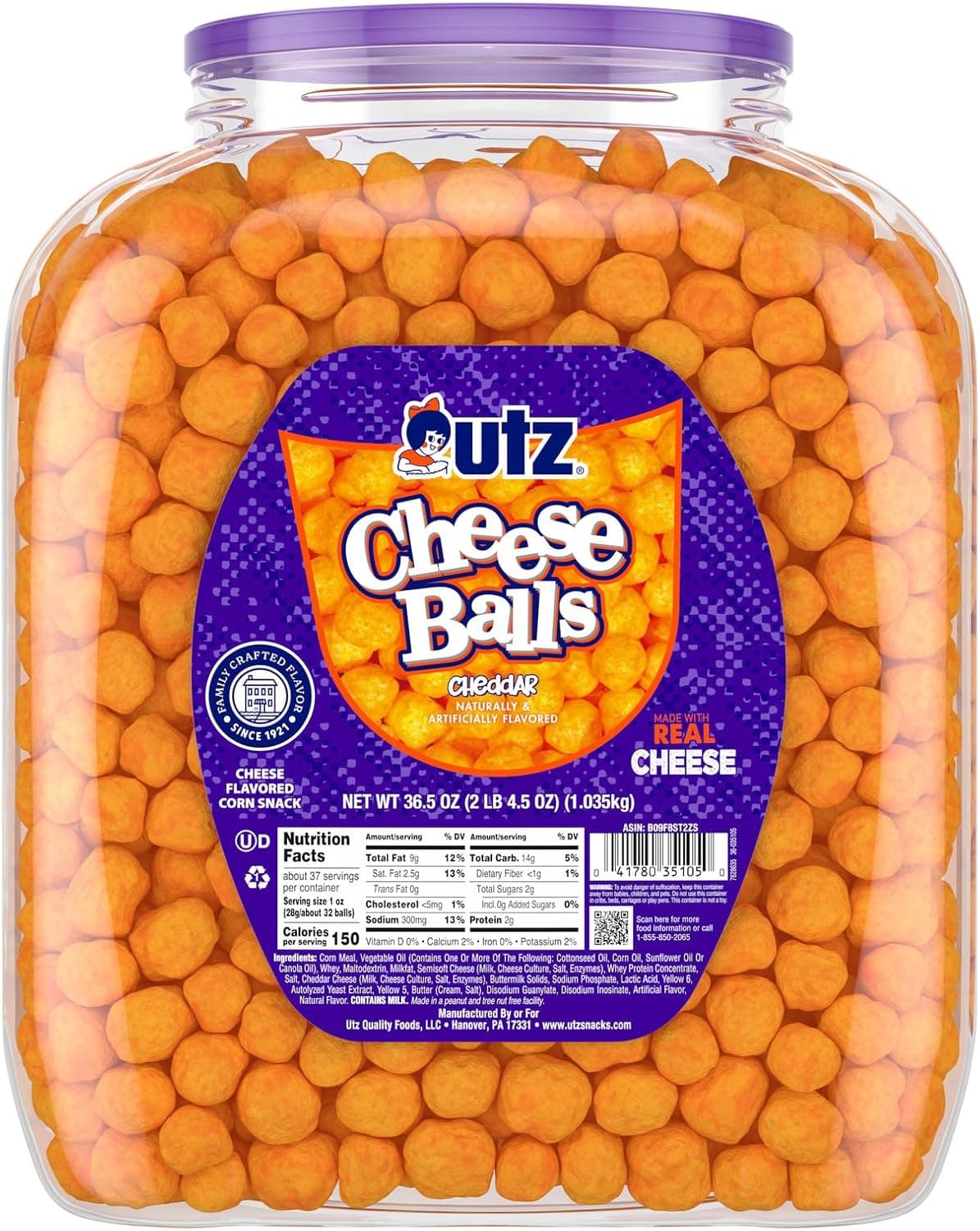 Utz Cheese Balls Barrel - Cheddar Flavor, 36.5 Oz - Gluten Free, Kosher Certified Snack