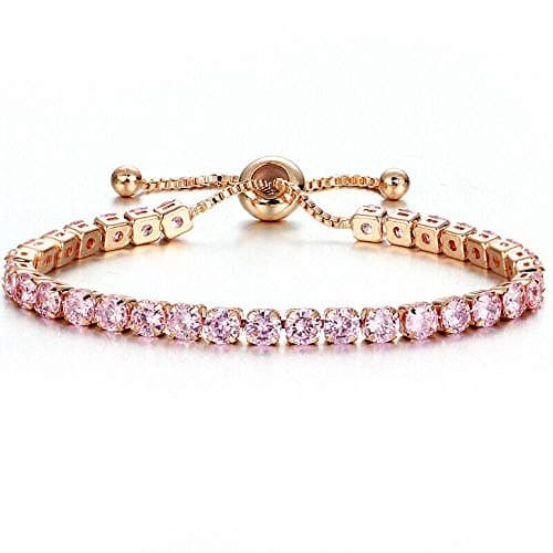CiNily Adjustable Tennis Bracelets for Women Pink Cubic Zirconia Bracelet 14K Rose Gold Plated Hypoallergenic Slider Bracelet Jewelry Gift