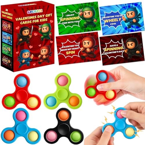 Gocozer 28 Pack Ninja Valentines Day Cards for Kids with Fidget Spinners Toys Sensory Fidget Toys for School Classroom Valentines Gifts Exchange Spinners Toy for Valentines Party Favors