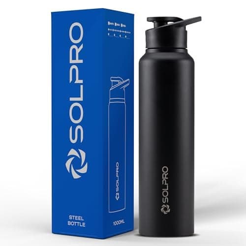 Solpro Alpha 1000mL Stainless Steel Water Bottle for Office,School,College,Travel,Gym,Yoga,Camping,Sports & Outdoor for Men,Women,Athletes,Kids,Children,Student, & Youth; Odor,Leak & BPA Free (Black)