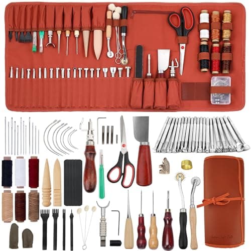 Dorhui Leather Working Tools Kit with Custom Storage Bag Leather Stamping Tools Leathering Craft Making for Cutting Punching Sewing Carving Stamping