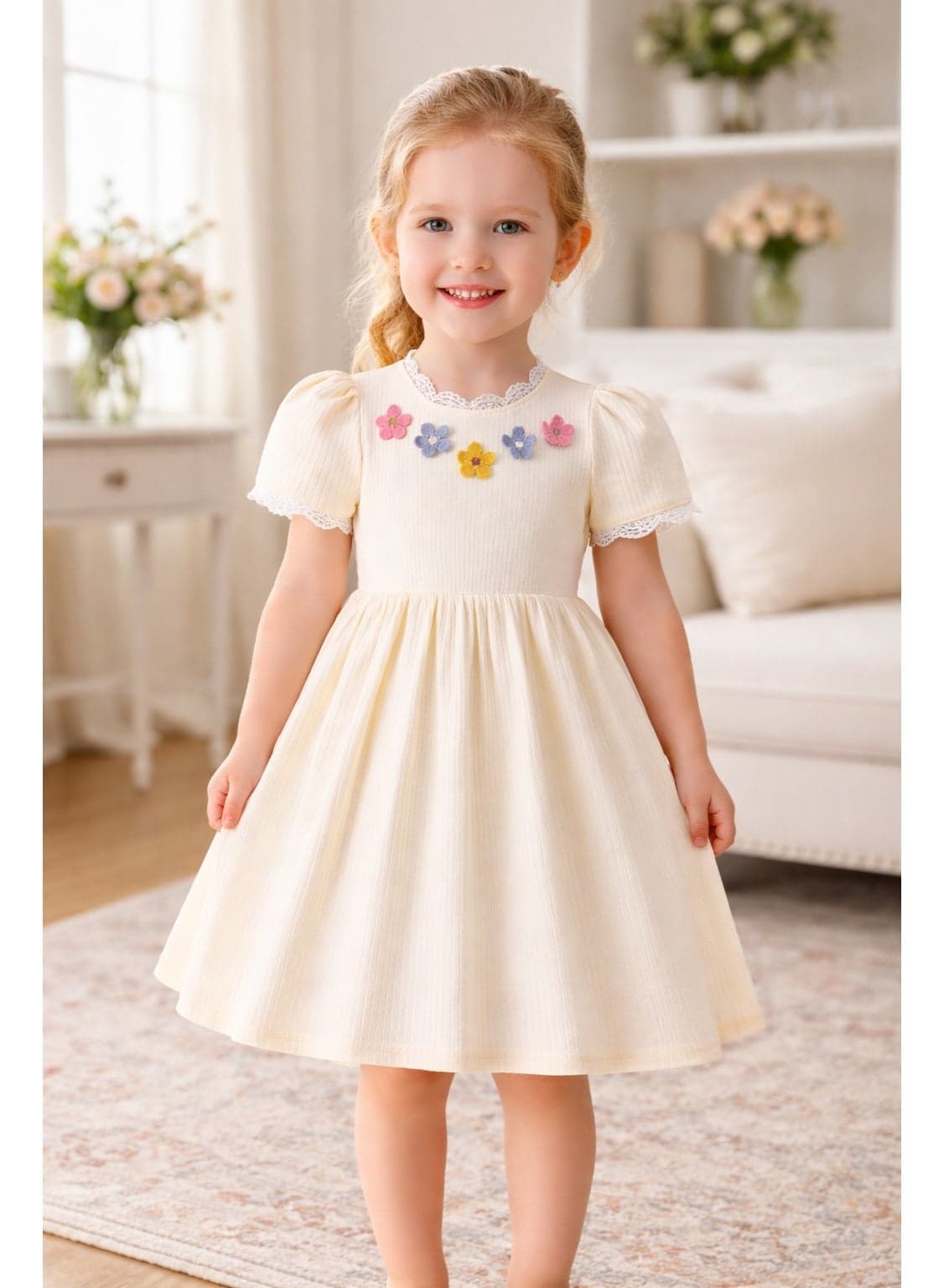 Girls Floral Embroidered Party Dress | Elegant Pleated A-Line Dress with Lace Detail | Short Puff Sleeve Princess Dress for 2–4 Years Girls | Cream White Birthday & Occasion Wear