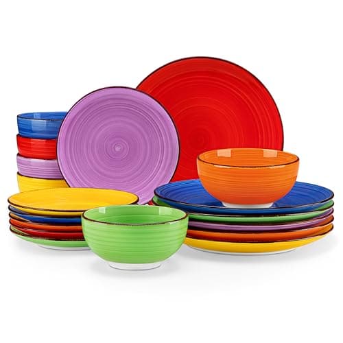 vancasso Bonita Dinnerware Set Muticolor Stoneware 18 Pieces Service for 6, Handpainted Spirals Pattern Stoneware Plates and Bowls Set