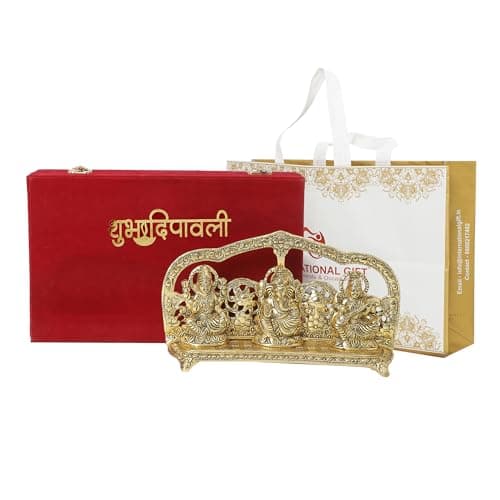 INTERNATIONAL GIFT® Golden Laxmi Ganesh Saraswati God Idol | Happy Diwali Tag | Auspicious Statues for Happiness, Harmony, and Spiritual Growth in Home and Office