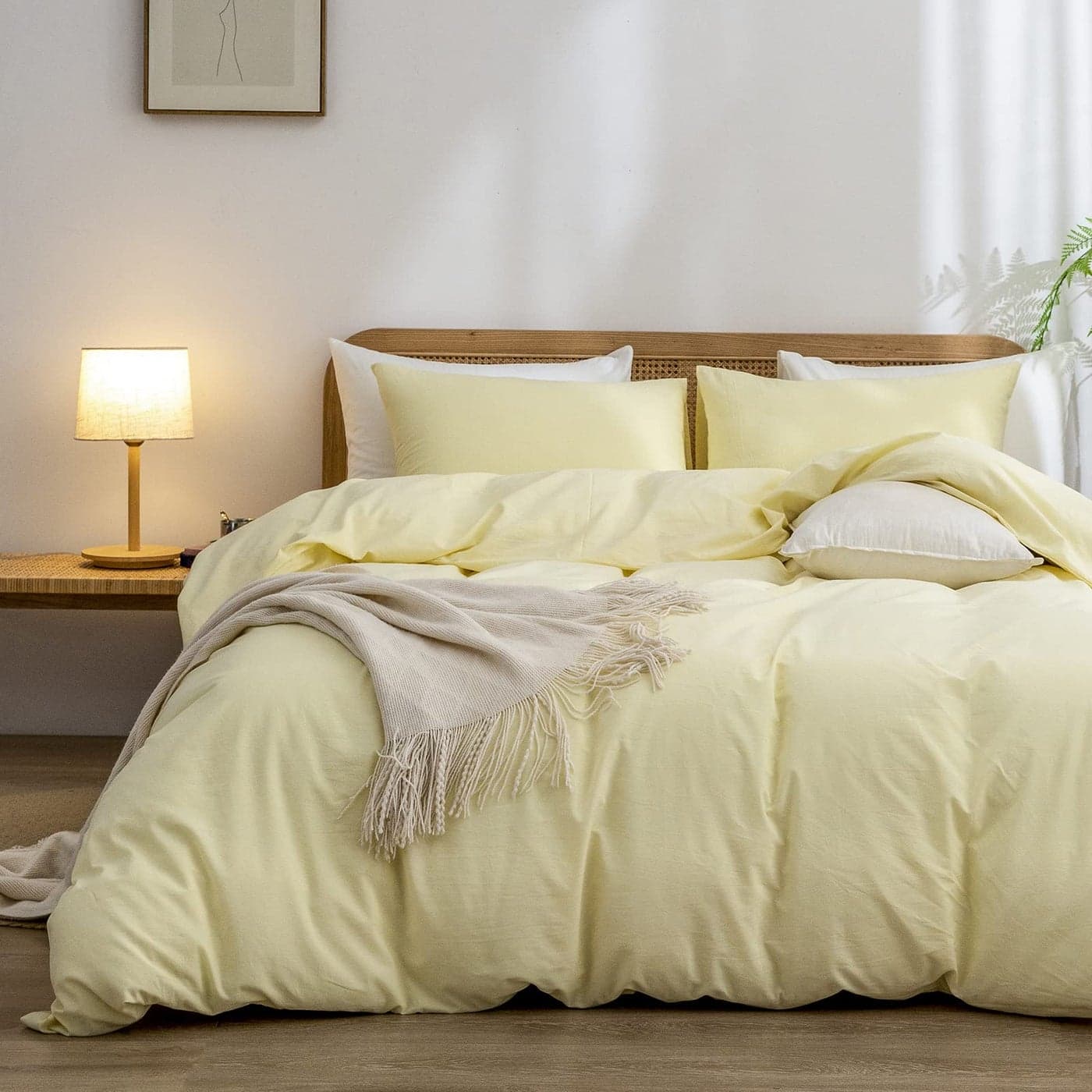 BESTOUCH Duvet Cover Set 100 Washed Cotton Linen Feel Super Soft Comfortable Chic Lightweight 3 PCs Home Bedding Set Solid Light Yellow Cal King