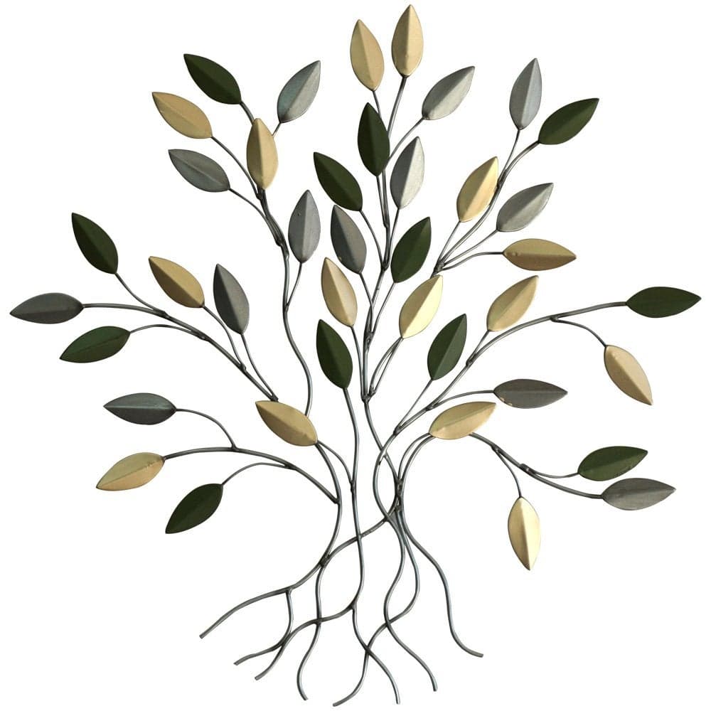 Comfy Hour Elegant Tree of Life Metal Wall Art Handcrafted 16 Green Gold Leaves Sculpture for Home Garden Dcor