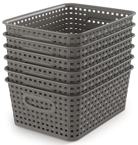 WYT Weave Storage Organizer Baskets, Grey 6-Pack Plastic Woven Baskets, 10.1" x 7.55" x 4.1"