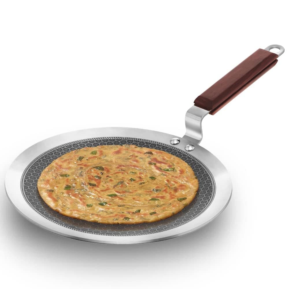 Hawkins 26 cm Paratha Tava Triply Stainless Steel Shielded Nonstick Tawa with Rosewood Handle Honeycomb Non Stick Induction Tawa Silver NSPT26