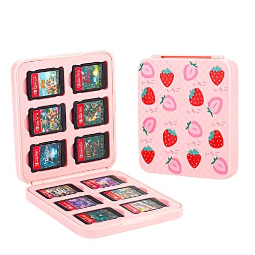 FANPL Game Case Holder for Nintendo Switch 2/OLED/Switch/Lite,12 Game Card and 12 Micro SD Card Slots Portable Storage Case for Switch, Cute Cartridge Box with Hard Shell & Soft Liner-Pink Strawberry