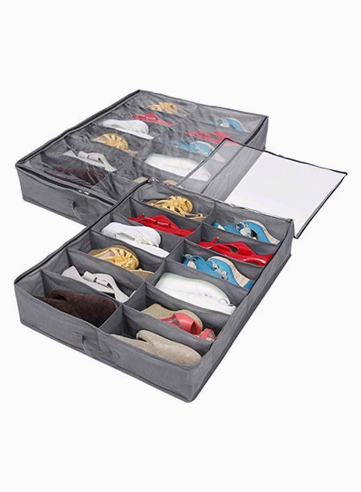 Organizing Bins Under Bed Shoes Tidy Organiser Foldable Fabric Holder Closet Large Heavy Duty Underbed Storage Bag with Clear Lid 80 x 63 x 15 cm Grey Pattern 12 Pockets x 2
