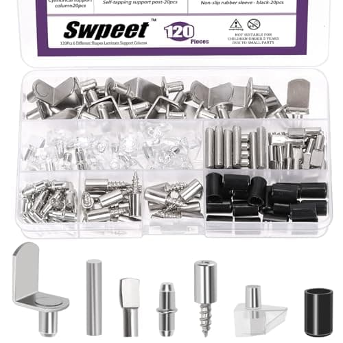 Swpeet 120Pcs 6 Styles Shelf Pins Kit, Nickel Plated Shelf Support Pegs Bracket with Non-Slip Sleeve, Dowel Pins Cabinet Furniture Shelf Pins Support Holders for Shelf Cabinets Closet