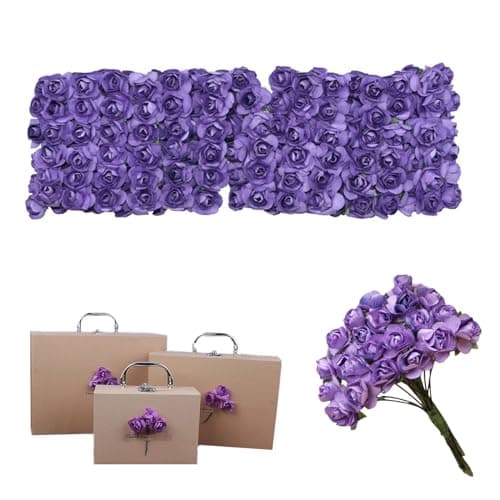 144 Pcs Artificial Mini Fake Rose Flower Handmade Small Paper Flowers for Crafts Wedding Bouquet Mini Paper Flowers with Stems for DIY Crafts Gift Wreath Scrapbooking HairClips DecorationPurple