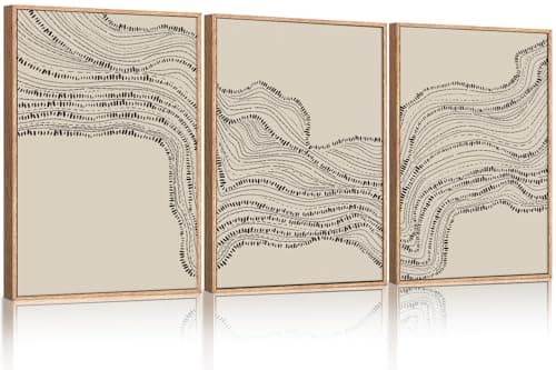 HLNIUC Neutral Abstract Framed Canvas Wall Art Set, Black Beige Wave Line Wall Decor, Large Minimalist Painting, Modern Geometric Art Print for Living Room, Bedroom, Dinning Room, Office - 16"x24"x3