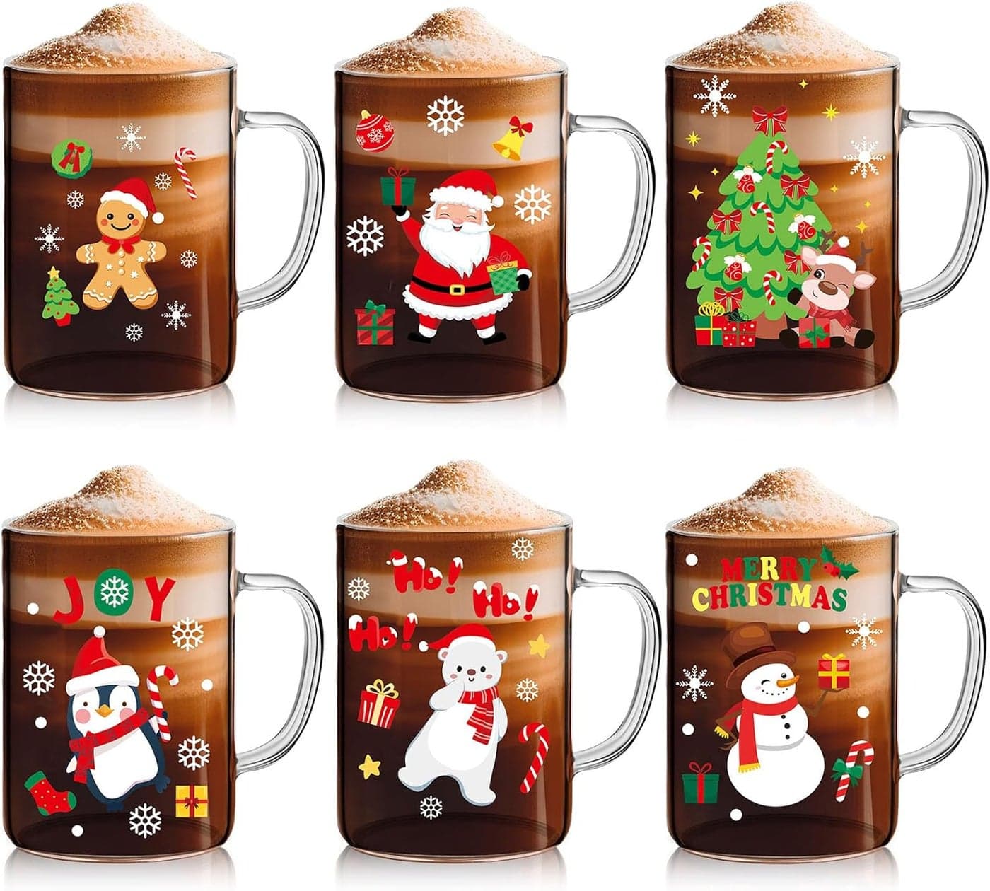Baderke 6 Pcs Christmas Glass Mugs Set 16 Oz Winter Xmas Coffee Mugs Bulk with Handle Snowman Snowflake Coffee Cups Santa Claus Cups Christmas Gift for Women Men Holiday Kitchen Xmas Party Decor