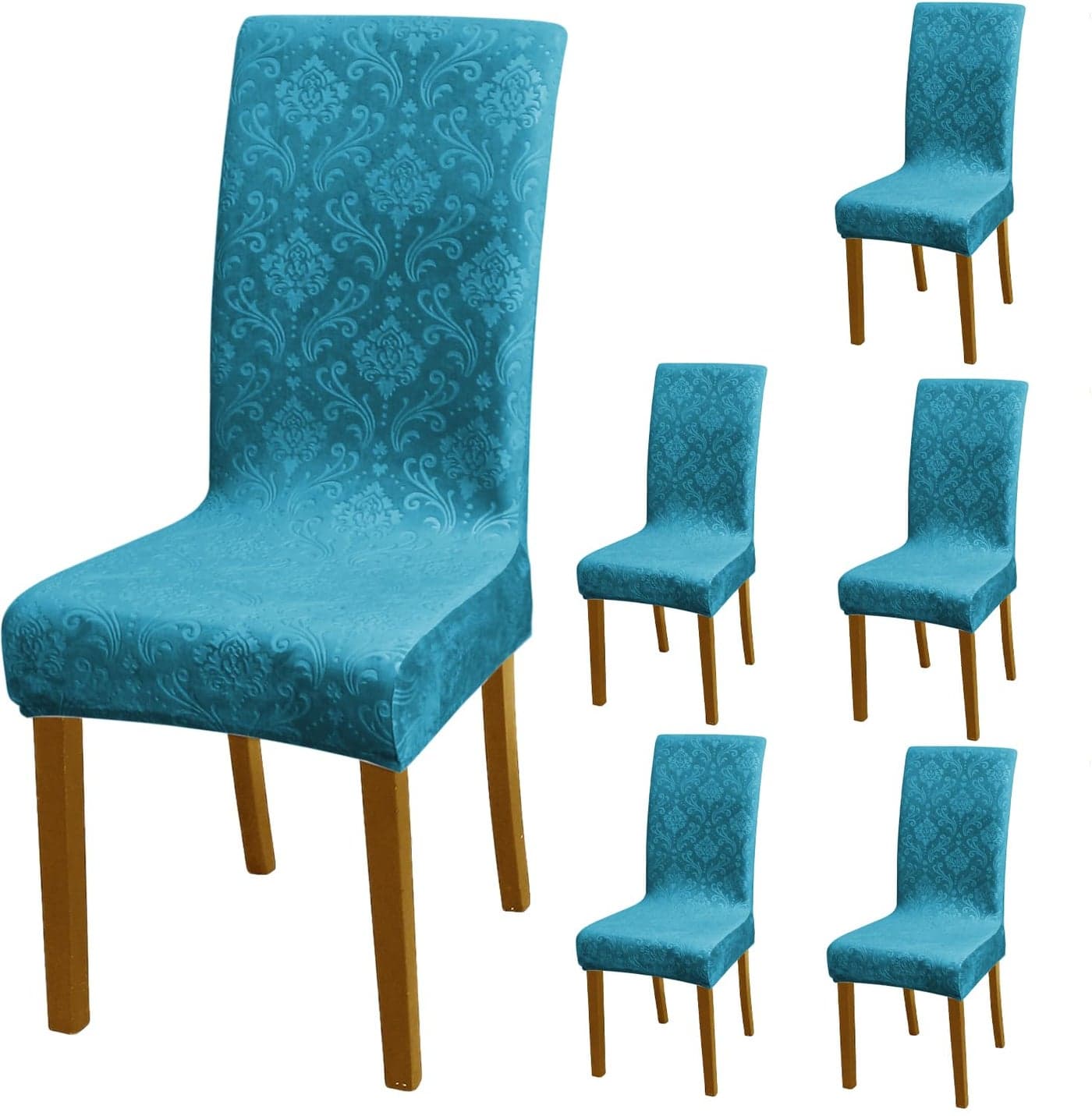 HOKIPO Chair Covers Set of 6, 200 GSM Embossed Velvet, Turquoise (AR-5125-TRQ*6)