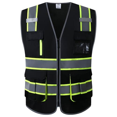 JKSafety 7 Pockets High Visibility Black Safety Vest for Men and Women Zipper Front with Hi-Vis Reflective Strips Meets ANSI/ISEA Standards(130-Black, X-Large)