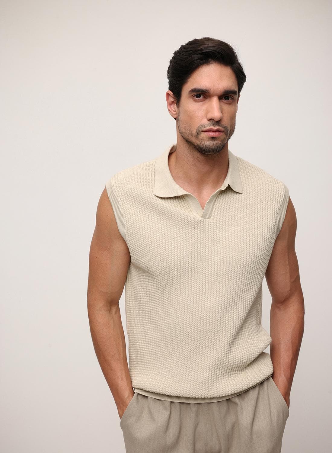 Cream 100% Cotton Textured Relaxed Polo T-Shirt For Men