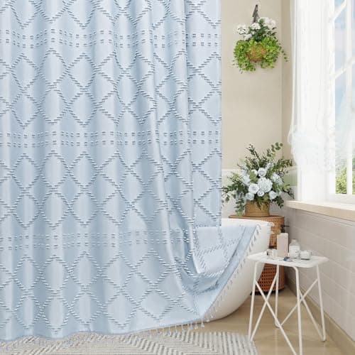 Craidlela Boho Fog Blue Woven Fabric Shower Curtain with Tassel 72 x 72 Bohemia Tufted Chevron Striped Chic Textured Blue Waterproof Modern Farmhouse Minimalist Curtain for Bathroom Hotel Decor
