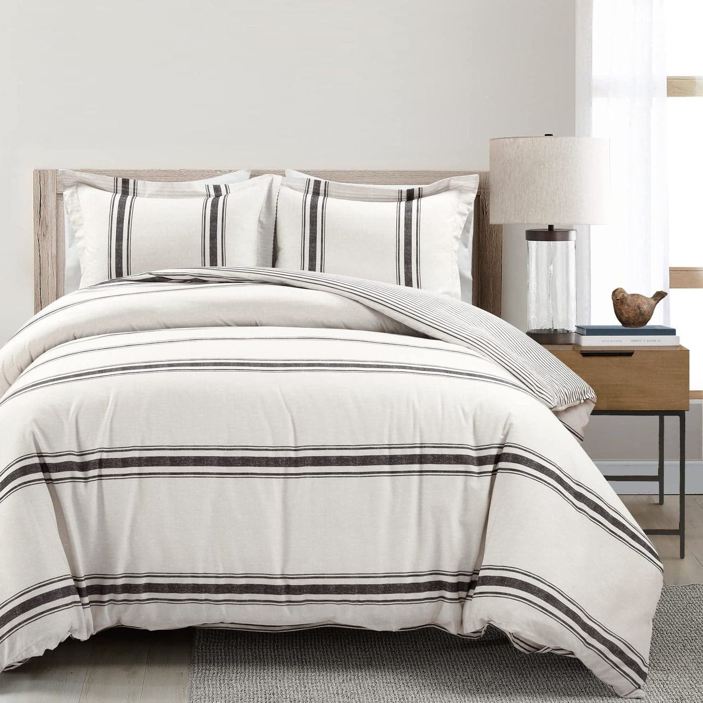 Lush Decor Farmhouse Stripe Reversible Cotton Duvet Cover King Size 3 Piece Set Black Farmhouse Bedding Set King Striped Duvet Cover