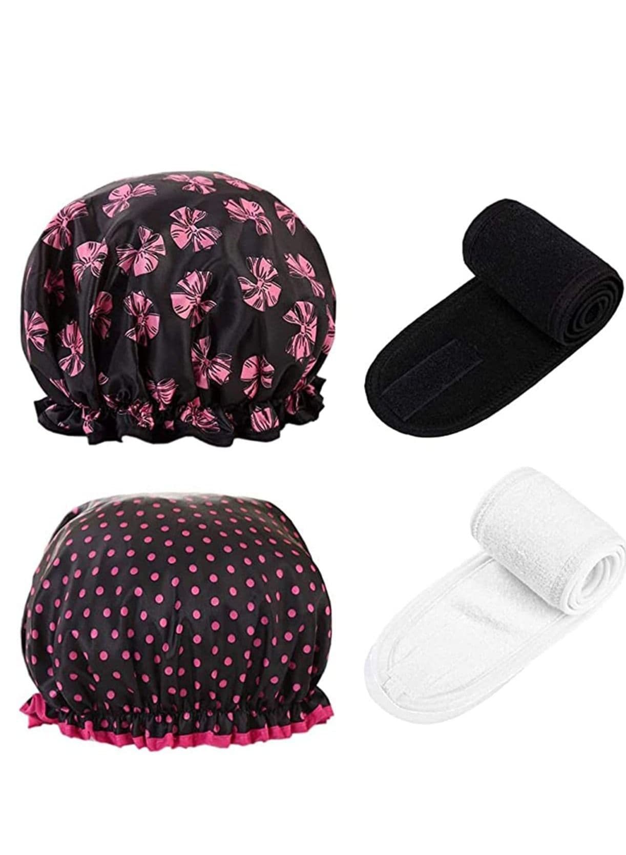KASTWAVE 2 Pack Shower Cap Lined Double Layer Elastic Band Waterproof for Long and Curly Hair Women + 2Pcs Spa Facial Headband Reusable Bathing Washing Face, Makeup
