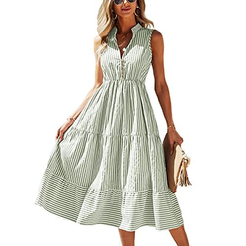 BROVAVE Womens 2025 Summer Sleeveless Shirt Dress Collar Striped V Neck Casual Midi Dresses Green