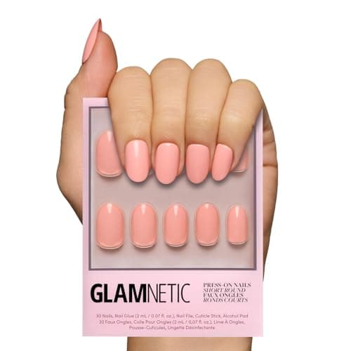 Glamnetic Press On Nails Peach Coral Short Round Orange Fake Nails with Glossy Finish Salon Quality 15 Sizes 30 Nail Kit with Glue