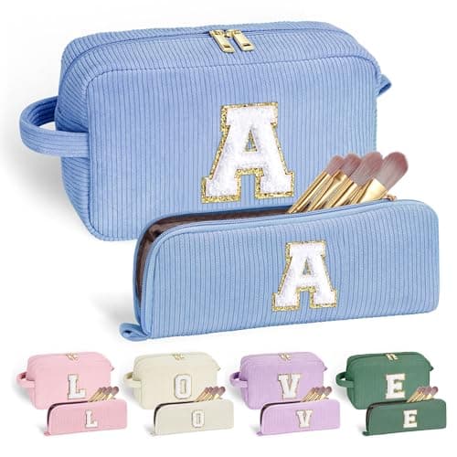 YOOLIFE Makeup Bag for Women - Monogram Cute Initial Blue Makeup Bag Cosmetic Bag Make Up Bag for Women Her Best Friend Friendship Sister Teacher Personalized Teen Girl Birthday Gifts for Women Her A
