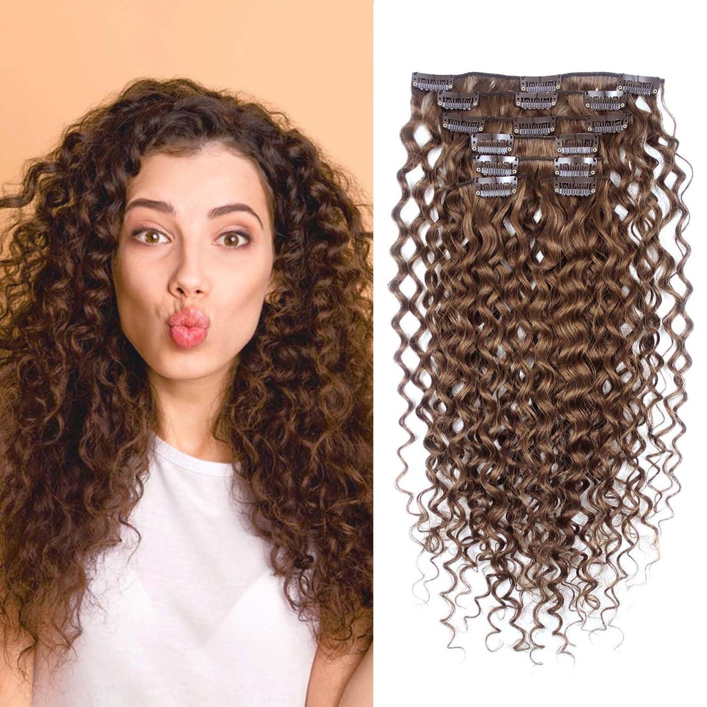 Deep Curly Wave Brazilian Hair Light Brown Curly Clip in 100 Human Hair Extensions 18 Inch 7pcs Remy Hair Clip 80g 8