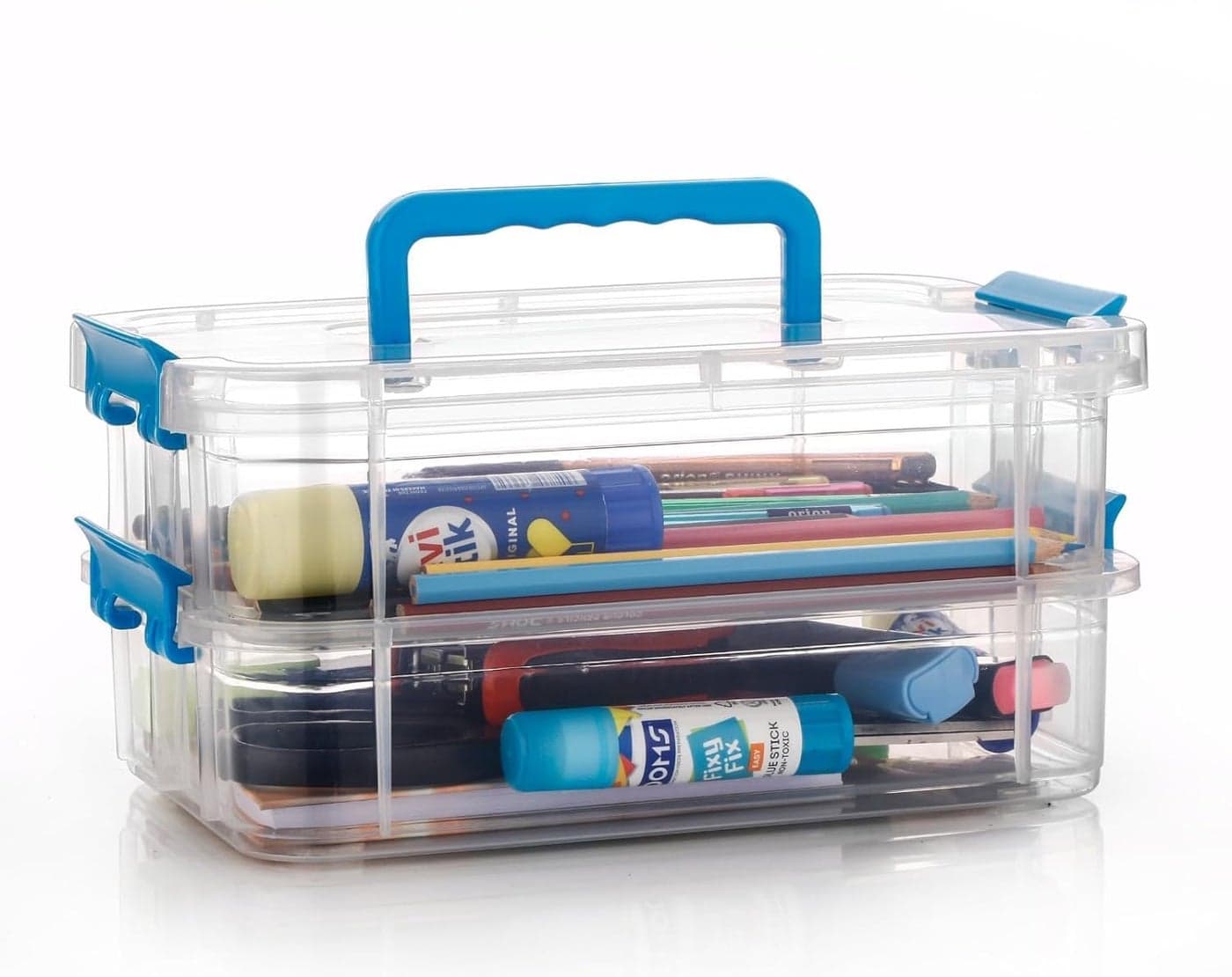 RECLUSE 2 Layer Stack & Carry Adjustable Storage Box With Carry Handle, Transparent Stackable Storage Bin with Handle Lid Locking Storage Container for School and Office Supplies (MultiColor)