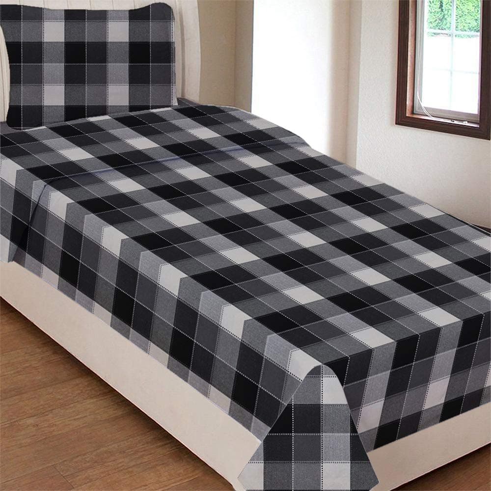 AIRWILL Cotton Self Designed Checks 200 GSM Single Bedsheet with 1 Pillow Cover Black Pack of 1 Set