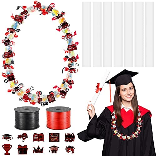 Teling 60 Set Graduation Candy Lei Making Kit Hawaiian Candy Lei Tubing Kit Includes 60 Pcs Candy Lei Bags 2 Rolls Ribbons 600 Pcs Paper Cut for Graduation Party GiftRed Black