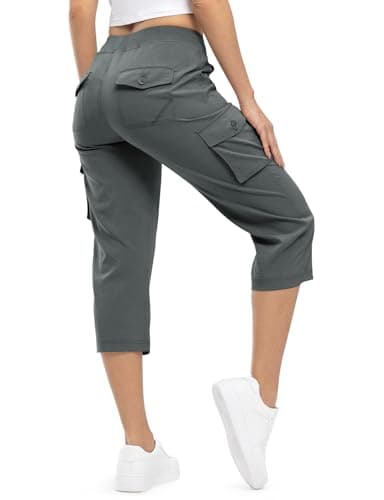 TBMPOY Womens Cargo Capris Hiking Lightweight Pants 6 Pockets Quick Dry Casual Outdoor Trip Loose Shorts Cropped Cotton Dark Grey L