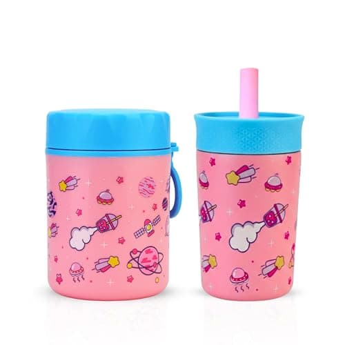 ONE AND ONLY Stainless Steel Food Jar & Tumbler Pack Space Explorer Printed Pink 480ml Lunch Box & Sipper Combo for School Kids Leakproof BPA Free Set