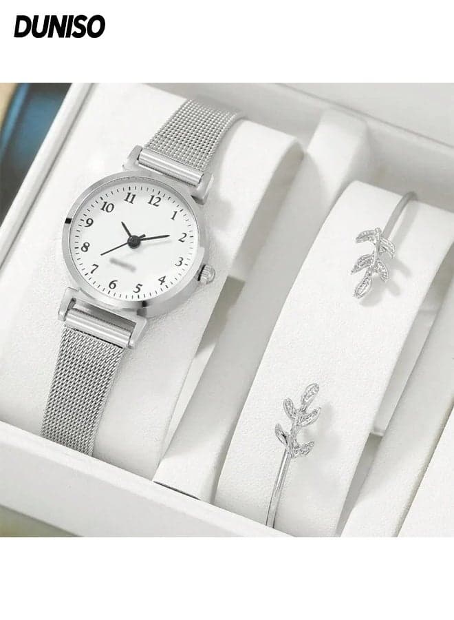 2Pcs Watch Bracelet Set Women's Elegant Business Watch Set Classic Alloy Strap Ladies Watch with Rhinestone Encrusted Bracelet for Lady Female Girls Minimalist Slim Thin Casual Dress Quartz Wrist Watches