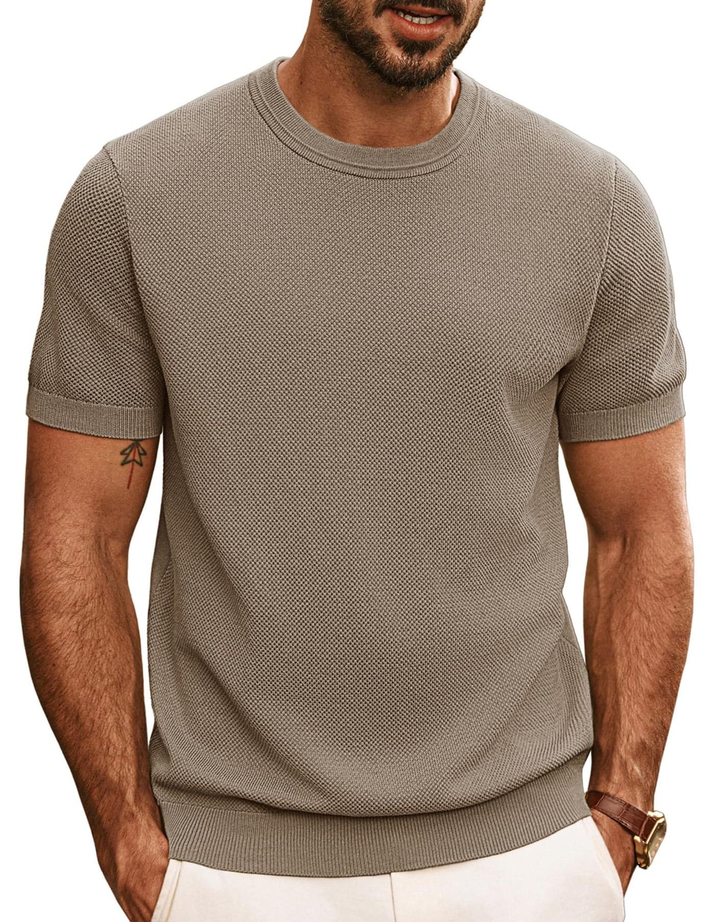 PJ PAUL JONES Men's Crewneck Shirt Fashion Textured T-Shirts Solid Short Sleeve Pullover Shirts Camel