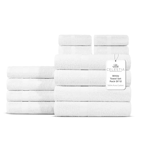 Villa Celestia 100 Cotton Bath Towel Set of 124 Bath Towels 4 Hand Towels 4 Wash Cloths Sustainable Soft Highly Absorbent Combed Cotton 12 Piece Set for Hotels Spa Bathroom Dorm White