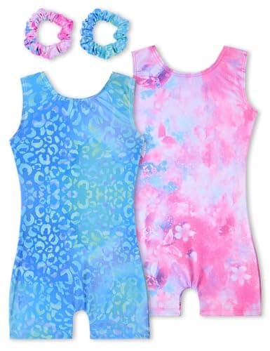 Tstiti Gymnastics Leotards for Girls 2 Pack Sparkly Kids Biketards Dance Unitards Matching Hair Scrunchies Gradient Unicorn Deep Blue Unicorn 11-12 Years