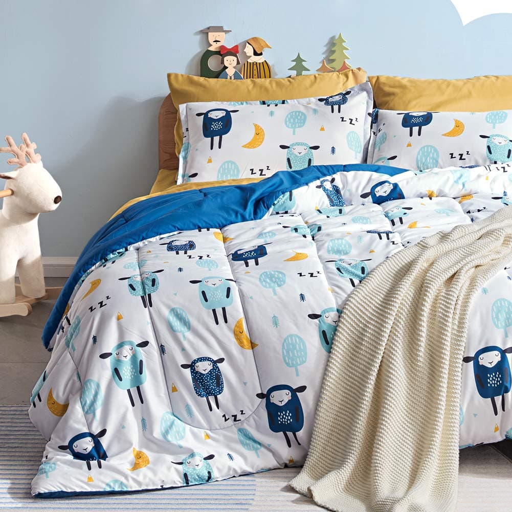 SLEEP ZONE Kids Bedding Comforter Set FullQueen Size Super Cute Soft Kids Bedding 7 Pieces Set with Comforter Sheet Pillowcase Sham Blue Sheep