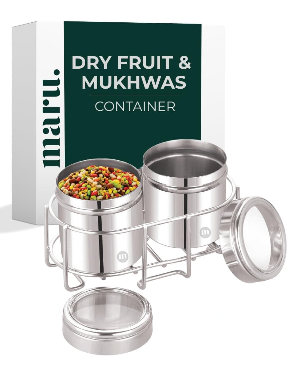 MARU Stainless Steel 2-in-1 Mukhwas Container with Wirestand, 130ml Each, Durable Containers with See-Through Lids, Ideal for Spices, Dry Fruits, Mouth Fresheners, Kitchen Organizer