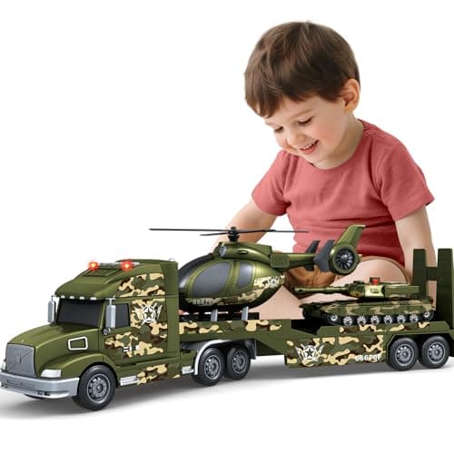 SpringFlower Army Truck Boy Toys 3 4 5 6 Vehicle Car Toy Brithday Gifts 3 in 1 Extra Large Transport Truck with Helicoper and Tank Lights Sounds