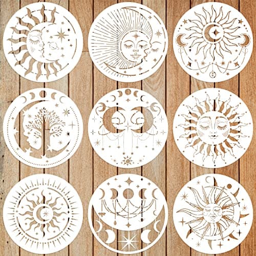 9pcs Mandala Sun and Moon Stencil Star Sun and Moon Stencils Reusable Mandala Sun Stencils Decoration Moon Template for Painting Crafts Wood Wall Furniture Home Decor