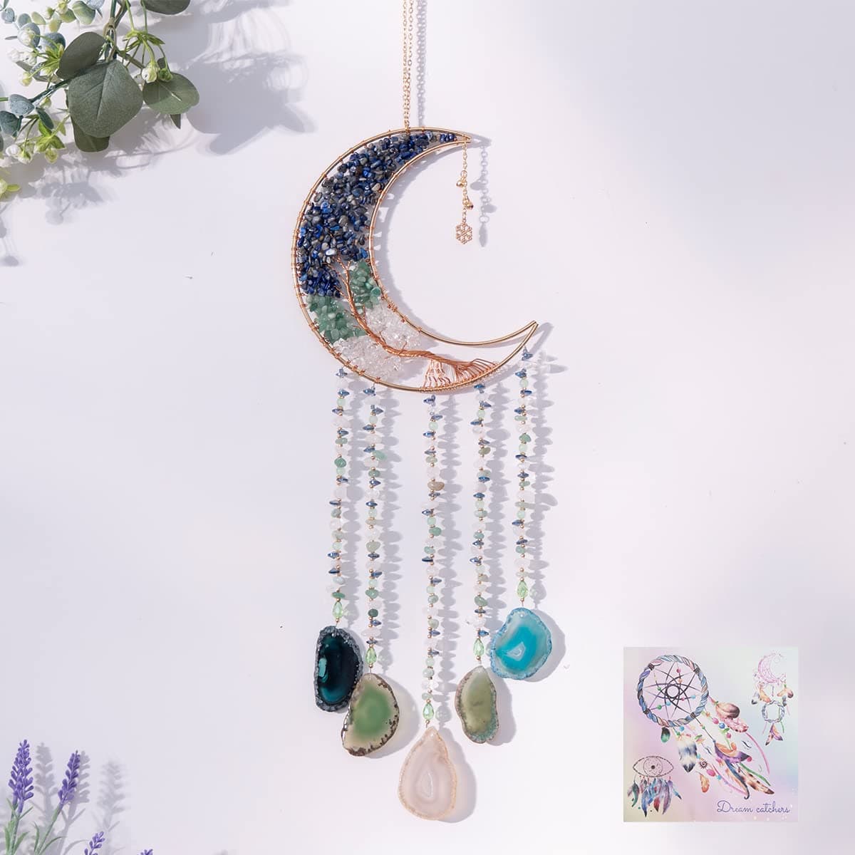 Agate Moon Dream Catchers with Crystal Life Tree Gemstone Dream Catchers Natural Gem Agate Wall Hangings Room Garden Dreamcatchers Decor Colorful