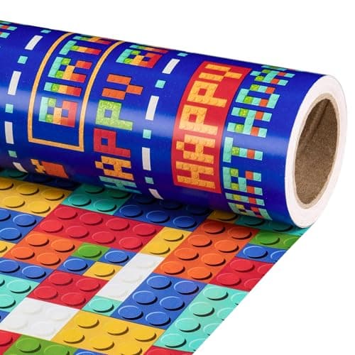 RUSPEPA Reversible Boys Birthday Wrapping Paper Roll Mini Roll Colorful Pixel Art and Building Block Design Funny Fortnite Gift Wrap Paper for Birthday Gaming Theme Party 17 Inches x 164 Feet