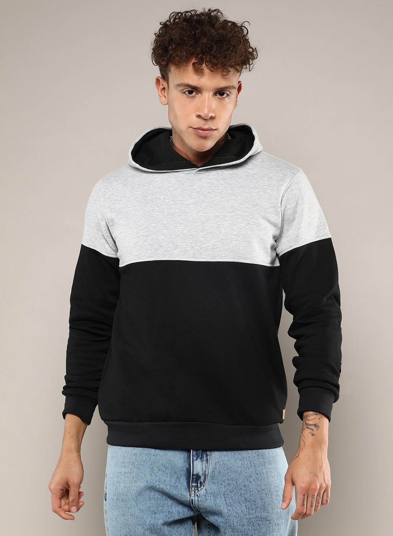 Men's Black & Grey Pullover Hoodie With Ribbed Hem