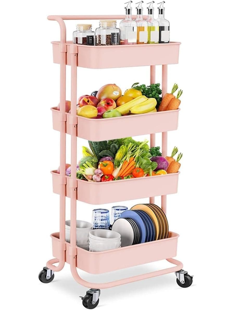 4 Tier Rolling Utility Cart with Wheels and Handle Pink